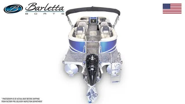 Slide: The Image of 2024 Barletta Boats Aria 22QC pontoon boat, top view, with American flag. - 3