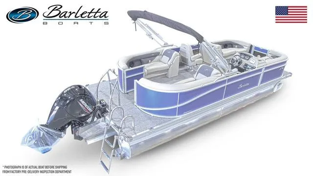 Slide: The Image of 2024 Barletta Boats Aria 22QC pontoon boat with blue and white exterior. - 4