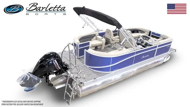Slide: The Image of 2024 Barletta Boats Aria 20QC pontoon boat with blue exterior and black canopy. - 4