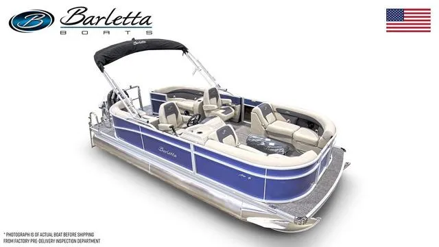 Slide: The Image of 2024 Barletta Boats Aria 20QC pontoon boat with blue and white exterior. - 5