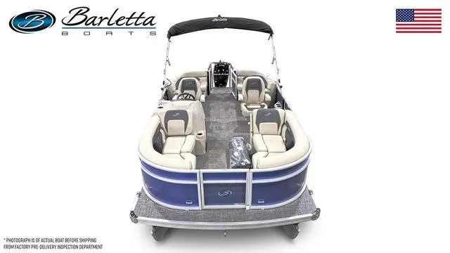 Slide: The Image of 2024 Barletta Boats Aria 20QC pontoon boat, top view, with seating and canopy. - 6