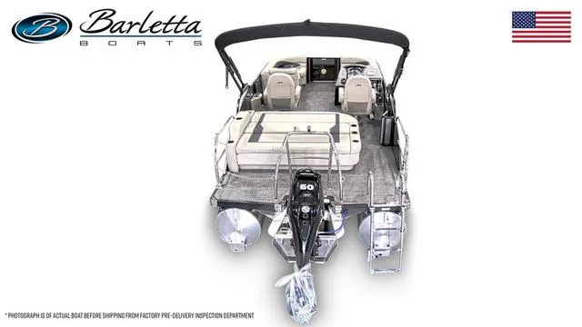 Slide: The Image of 2024 Barletta Boats Aria 20UC pontoon boat, rear view with motor, logo, and American flag. - 3