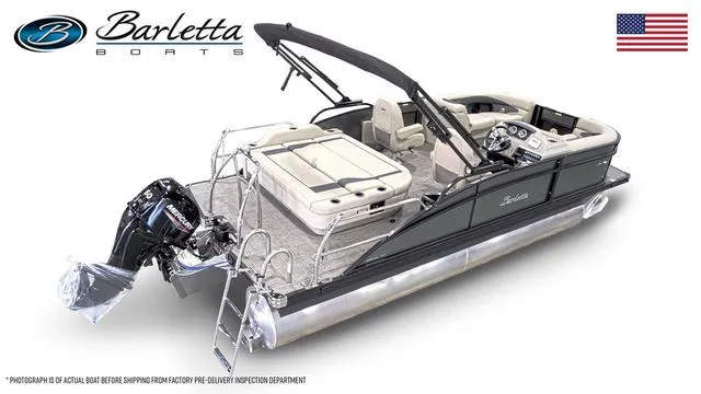 Slide: The Image of 2024 Barletta Boats Aria 20UC pontoon boat with outboard motor and luxury seating. - 4