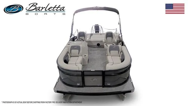 Slide: The Image of 2024 Barletta Boats Aria 20UC pontoon boat, front view, spacious seating, and modern design. - 6