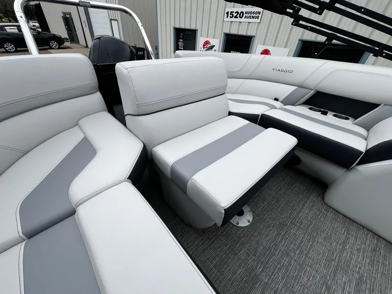 Slide: The Image of Interior seating of 2022 Viaggio 23U Diamante boat with gray and white upholstery. - 15