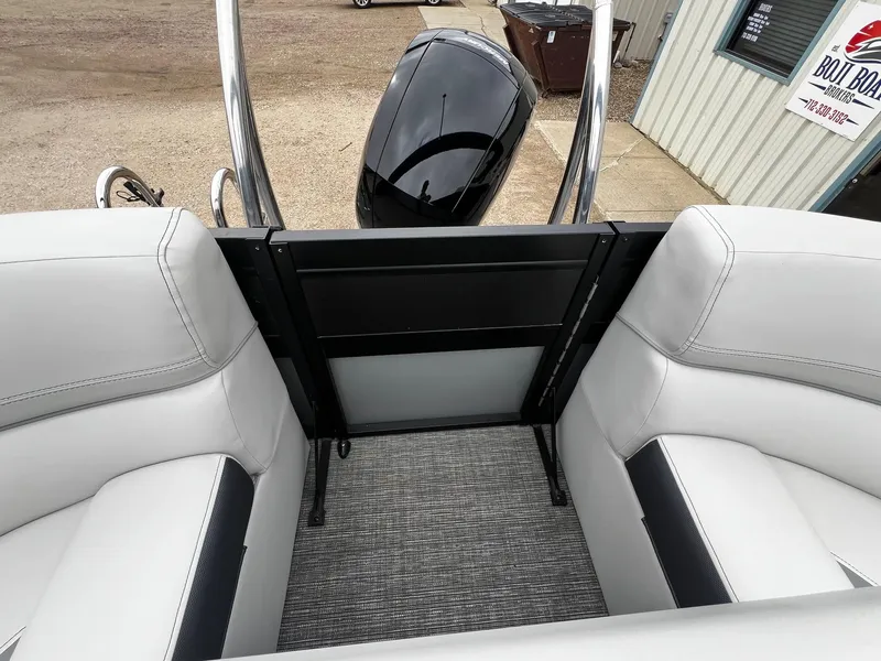 Slide: The Image of Interior seating of 2022 Viaggio 23U Diamante boat with gray upholstery and modern design. - 16
