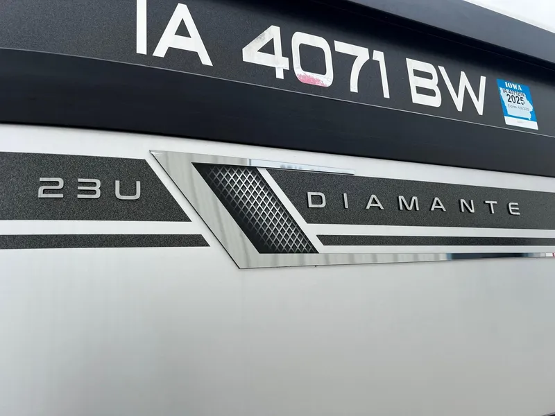 Slide: The Image of Close-up of 2022 Viaggio 23U Diamante boat model name and registration. - 23