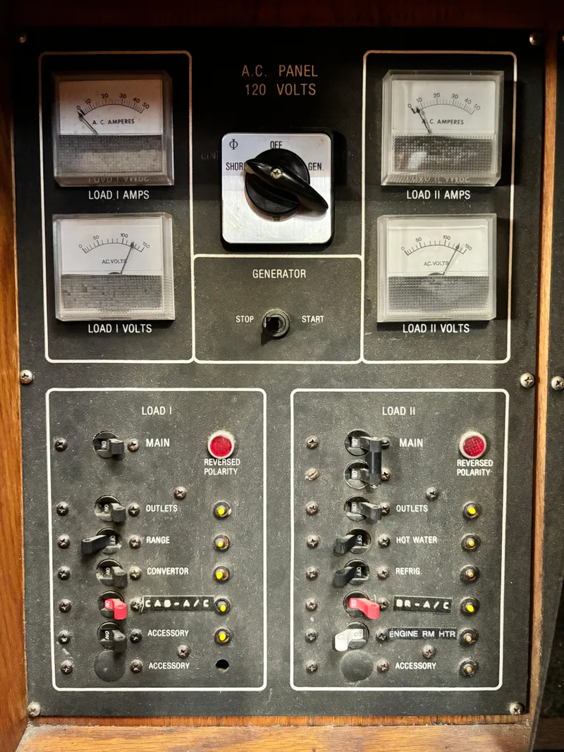 Slide: The Image of 1987 Silverton AFT CABIN electrical panel with volt and amp meters, switches, and indicators. - 41