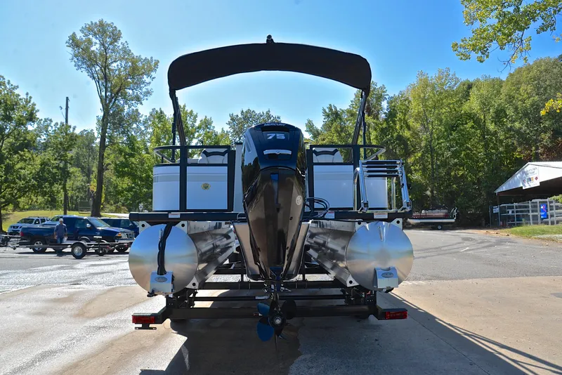 Slide: The Image of Viaggio DM18F 2023 pontoon boat on trailer, rear view, outdoor setting. - 13