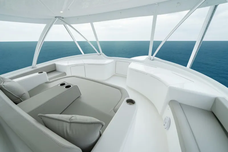 Slide: The Image of Luxurious interior of 2025 Viking 82 Convertible yacht with ocean view. - 36