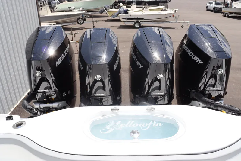 Slide: The Image of 2024 Yellowfin 39 Offshore boat with four Mercury outboard engines. - 16