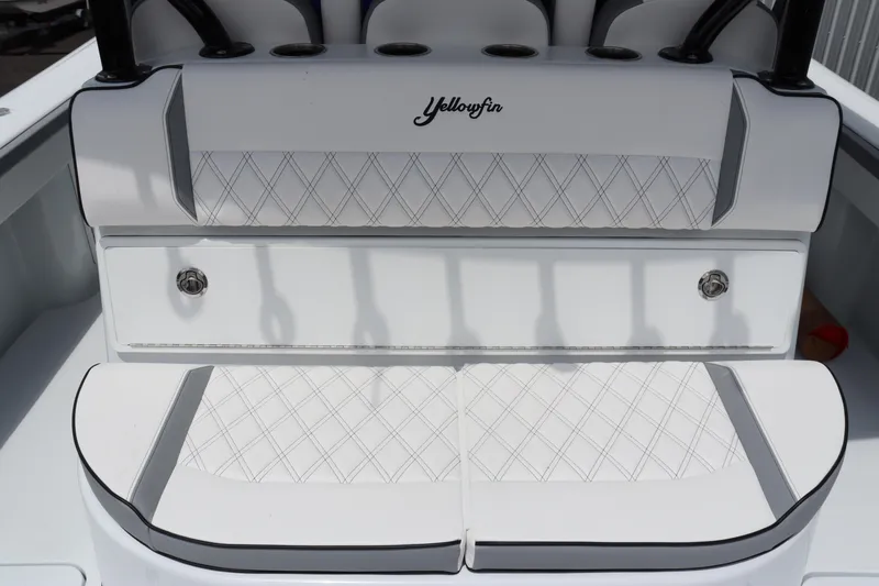 Slide: The Image of 2024 Yellowfin 39 Offshore boat seating with diamond-stitched upholstery. - 20