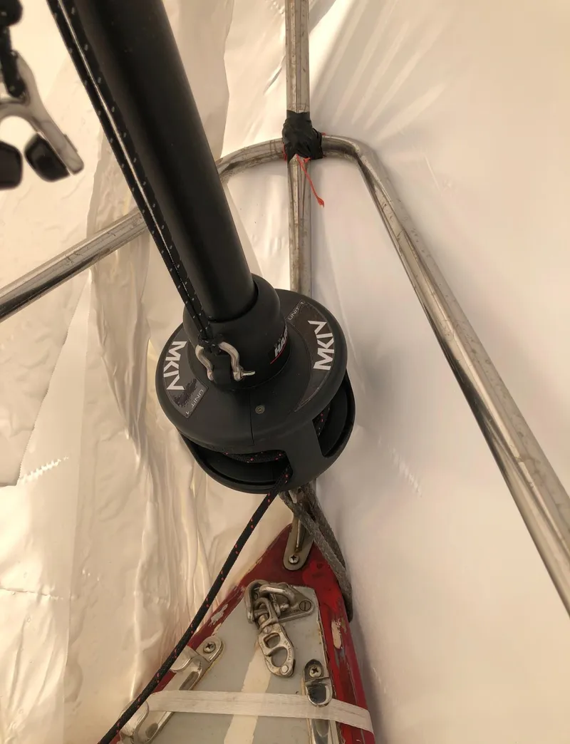 Slide: The Image of Sailboat rigging detail on a 1991 Tripp 36, featuring a MKIV furler system. - 32