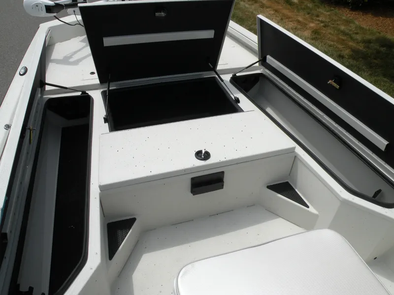 Slide: The Image of 2024 Ranger RB210 boat storage compartments open on deck. - 8
