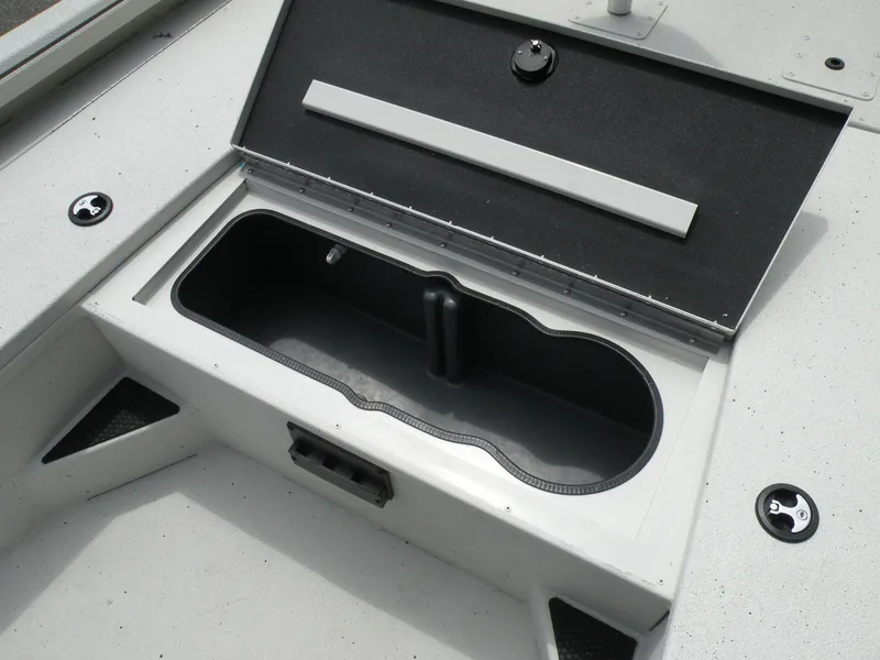 Slide: The Image of 2024 Ranger RB210 boat storage compartment with open lid. - 9