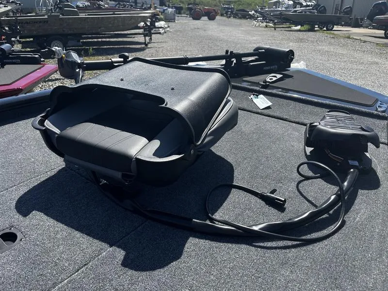 Slide: The Image of 2024 Tracker Pro 170 boat deck with trolling motor and seat. - 2