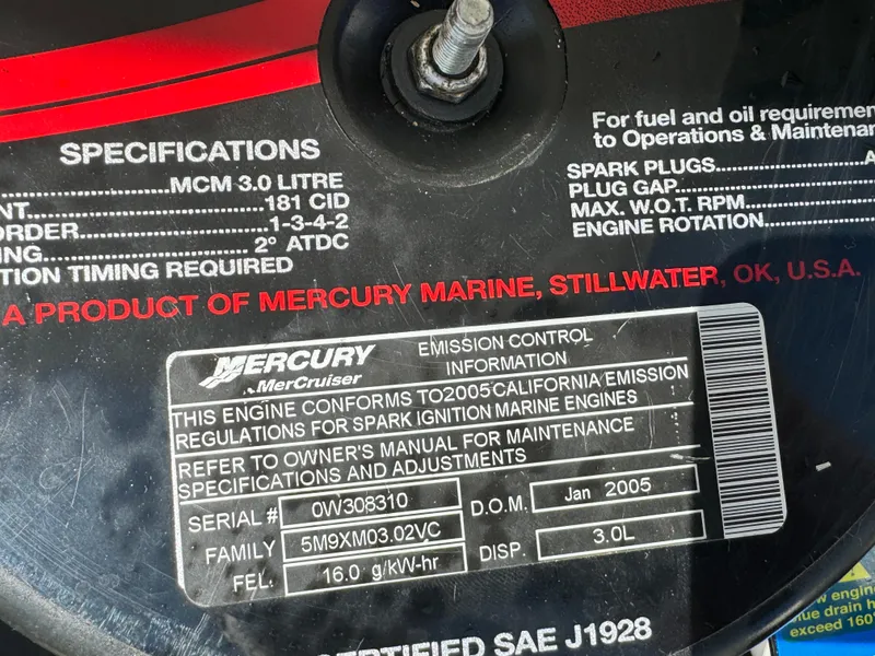 Slide: The Image of Mercury Marine engine specifications label on a 2005 Trophy 1952 Walkaround boat. - 25