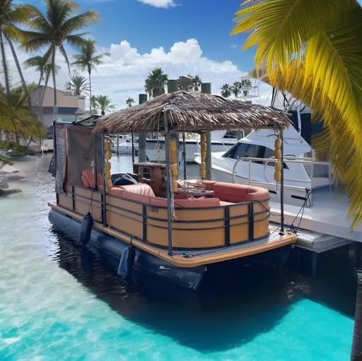 Slide: The Image of Custom Tiki Bahama Mama 1.0 pontoon boat docked in tropical marina, 2024 model. - 1