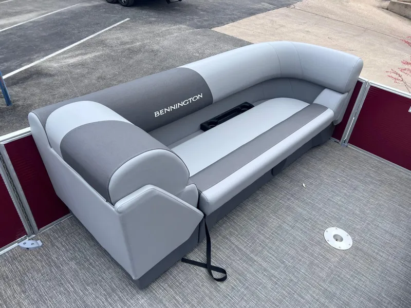 Slide: The Image of 2024 Bennington 22SV boat seating, gray upholstery, spacious and comfortable design. - 9