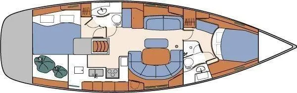 Slide: The Image of Floor plan of a 2005 Beneteau 423 sailboat, featuring cabins, galley, and seating areas. - 32