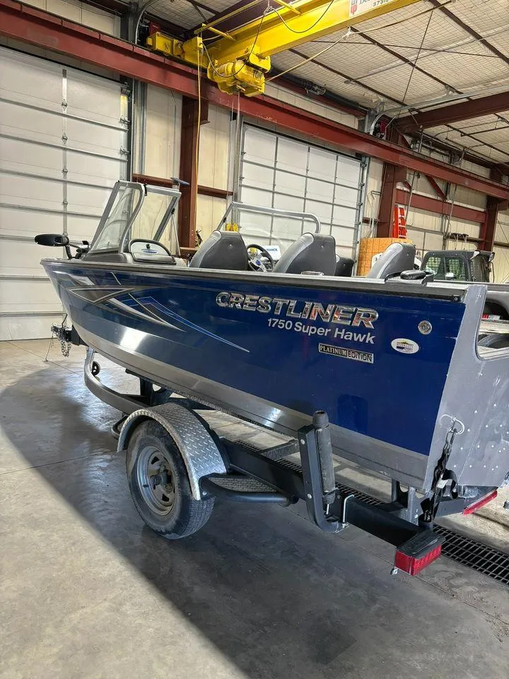 Slide: The Image of 2016 Crestliner 1750 Super Hawk boat in a warehouse. - 3