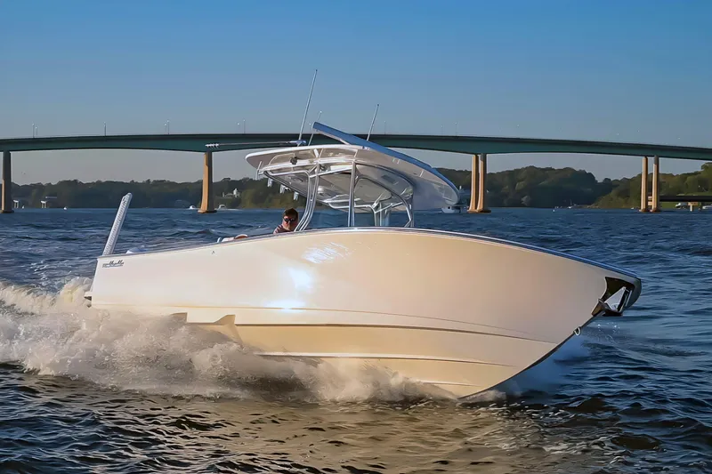 Slide: The Image of 2025 Valhalla Boatworks V-29 cruising on water near a bridge. - 2