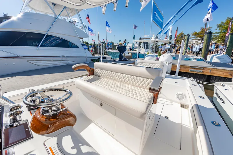 Slide: The Image of 2025 Valhalla Boatworks V-29 luxury yacht interior at a boat show. - 31