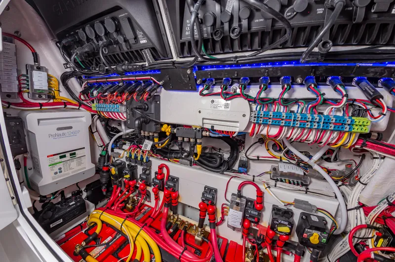 Slide: The Image of 2025 Valhalla Boatworks V-29 electrical system with complex wiring and components. - 34
