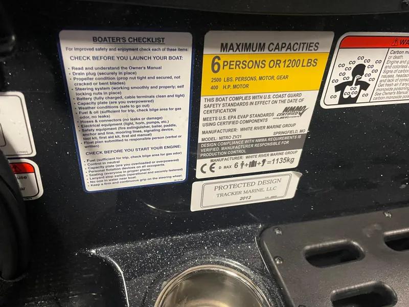 Slide: The Image of 2022 Nitro ZV21 boat capacity and safety labels, including 6-person limit and boater's checklist. - 17