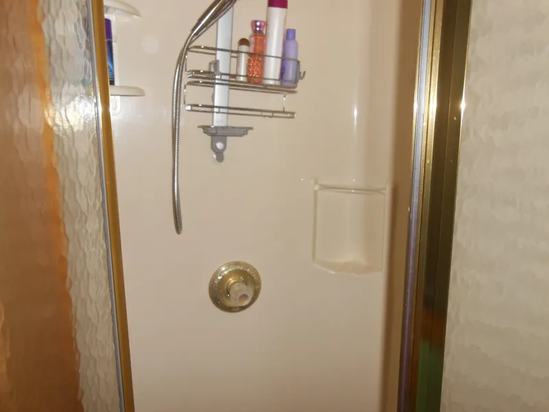 Slide: The Image of Shower area in a 2001 Stardust Cruisers houseboat with toiletries and a handheld showerhead. - 13