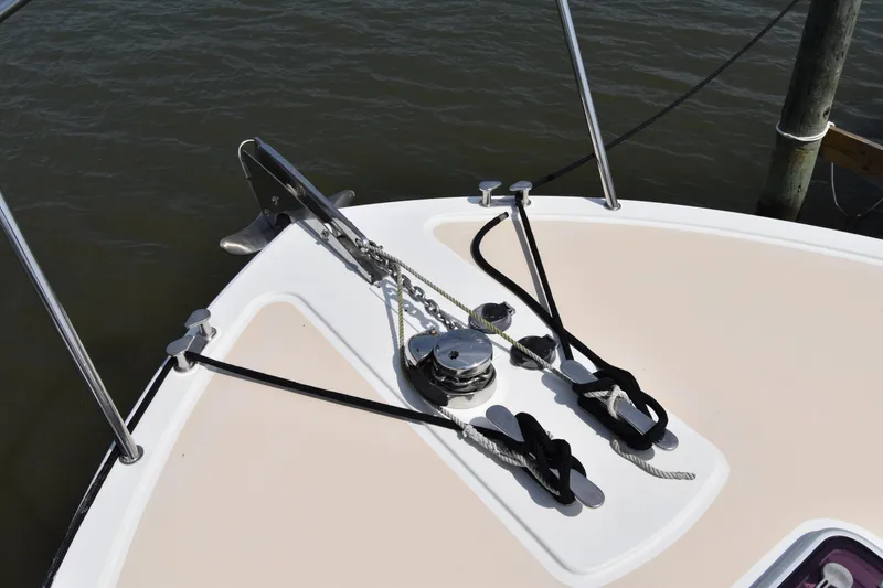 Slide: The Image of 2011 MJM 40z Downeast boat bow with anchor and mooring lines. - 7