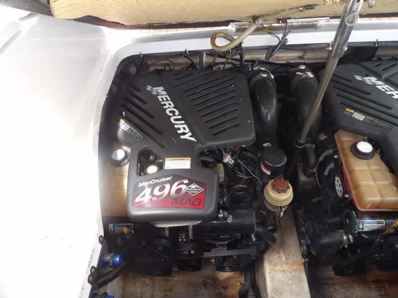 Slide: The Image of 2008 Formula 31 Performance Cruiser engine compartment with twin MerCruiser 496 MAG engines. - 19