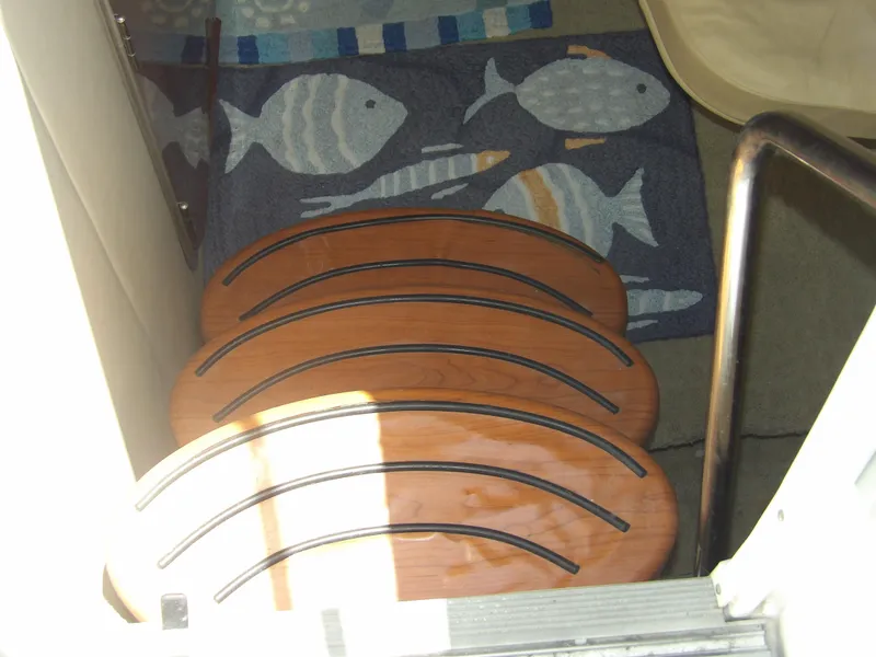 Slide: The Image of 2008 Formula 31 Performance Cruiser interior with wooden steps and fish-themed rug. - 41