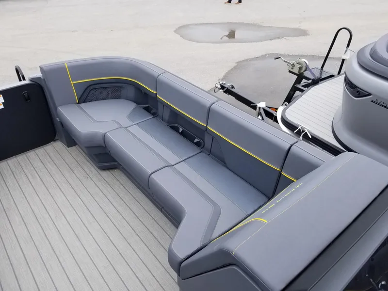 Slide: The Image of 2023 Manitou Explore Navigator 24 with Trifold Bench, SHP575, gray seating. - 10