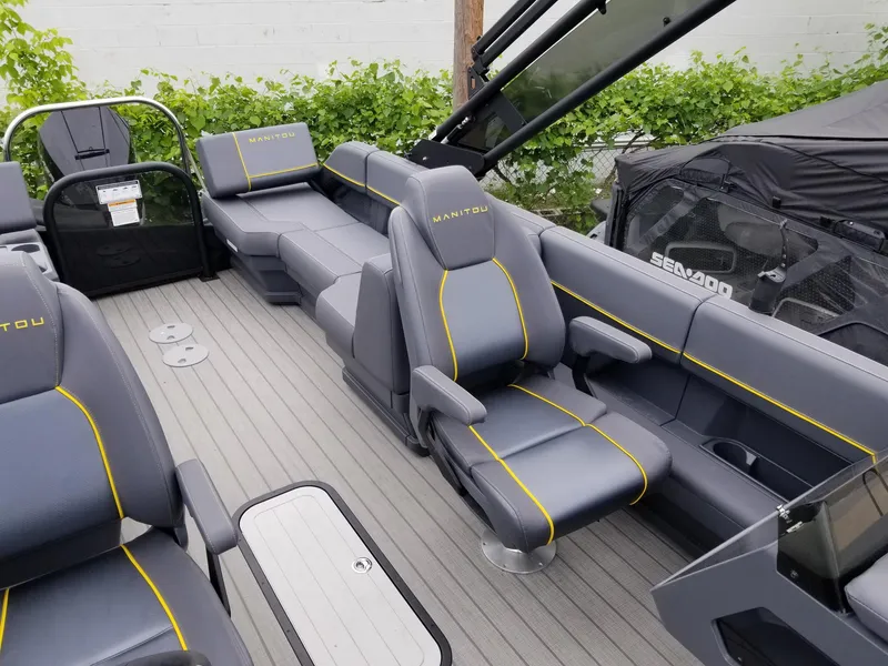 Slide: The Image of 2023 Manitou Explore Navigator 24 with Trifold Bench - SHP575, luxury boat interior. - 5