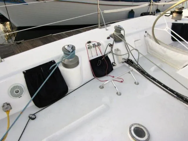 Slide: The Image of Cockpit of 1993 Green Marine Dubois 50 sailboat with winches and ropes. - 21