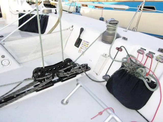 Slide: The Image of Deck of 1993 Green Marine Dubois 50 sailboat with rigging and winches. - 27
