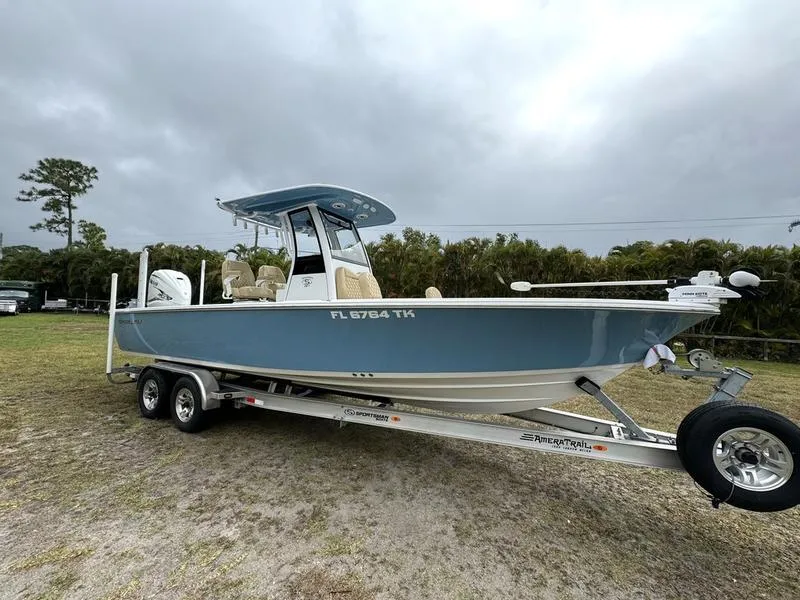 Slide: The Image of 2023 Sportsman Masters 267 Bay boat on trailer, side view. - 2