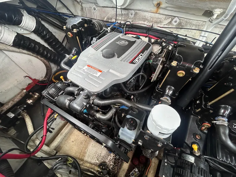 Slide: The Image of 2009 Crownline 300 LS boat engine compartment with 350 MAG engine. - 18
