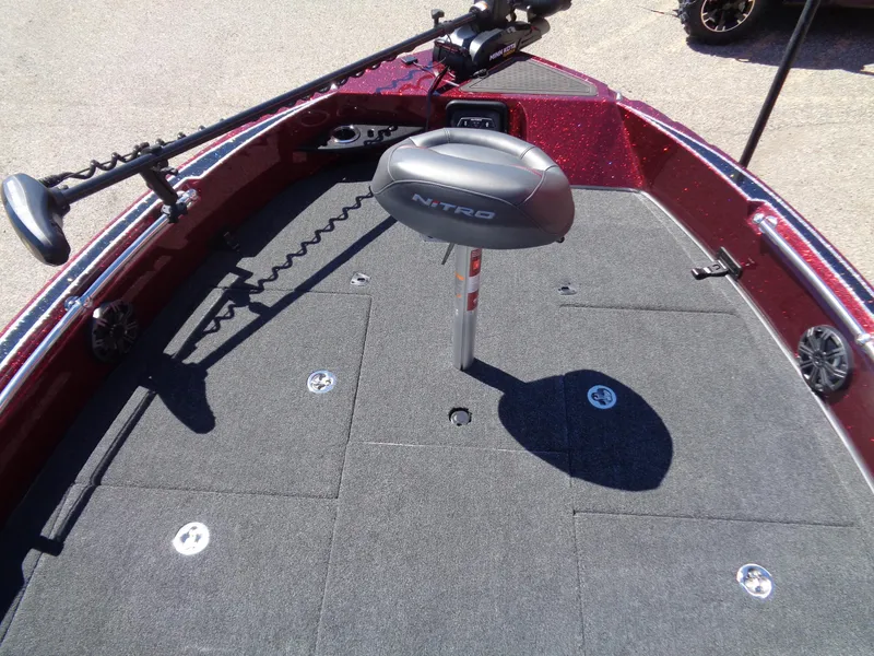 Slide: The Image of 2024 Nitro ZV20 boat deck with mounted equipment and storage compartments. - 8