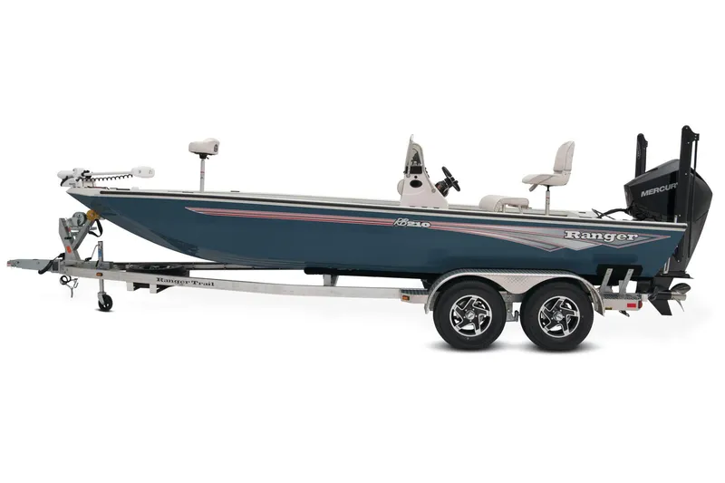 Slide: The Image of 2024 Ranger RB210 boat on trailer at dealership, featuring camo design. - 2