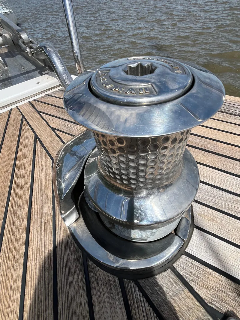 Slide: The Image of Stainless steel winch on 2012 Beneteau Oceanis 58 yacht deck. - 29