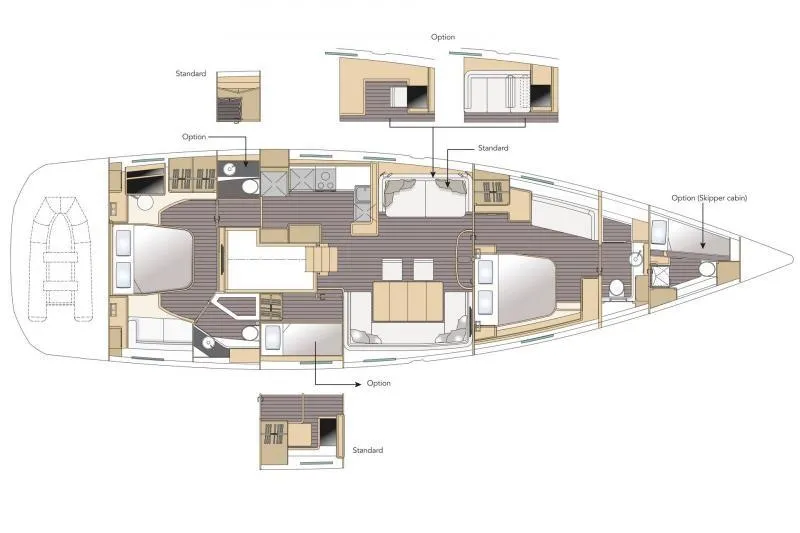 Slide: The Image of Floor plan of the 2025 Jeanneau Yacht 65, showcasing standard and optional cabin layouts. - 11