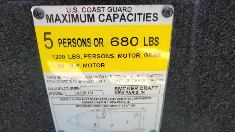 Slide: The Image of 2025 Smoker Craft Lazer 161 capacity label: 5 persons or 680 lbs, 60 HP motor. - 6