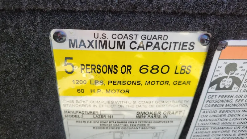 Slide: The Image of 2025 Smoker Craft Lazer 161 capacity label: 5 persons or 680 lbs, 60 HP motor. - 13