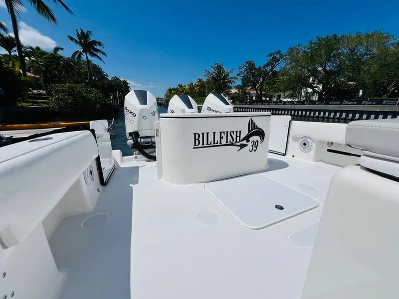 Slide: The Image of 2015 Billfish 39 Custom CC boat deck with twin outboard motors. - 40