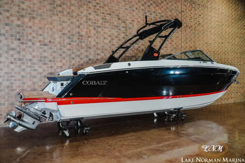 Slide: The Image of 2023 Cobalt R8 boat displayed at Lake Norman Marina. - 3