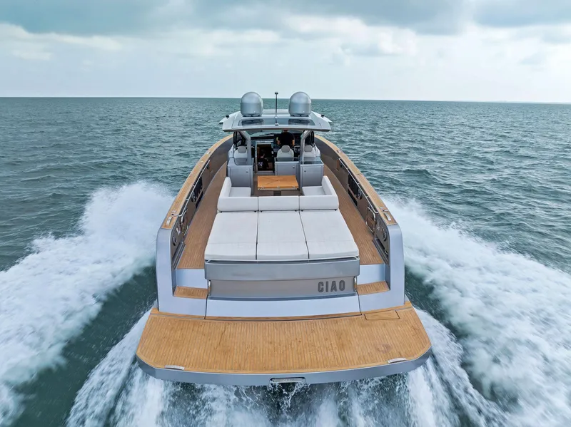 Slide: The Image of 2023 Pardo Yachts 50 cruising on open water, rear view. - 20