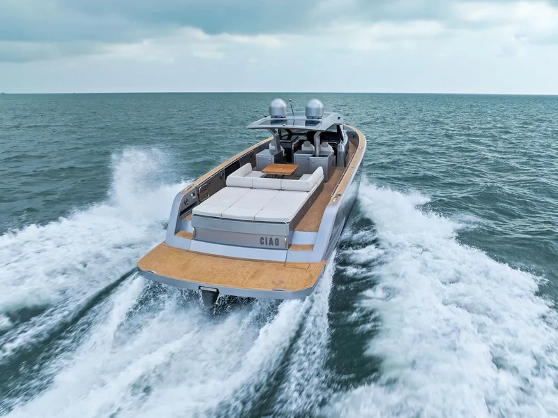Slide: The Image of 2023 Pardo Yachts 50 cruising on open water, rear view. - 21