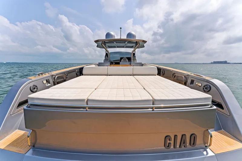 Slide: The Image of 2023 Pardo Yachts 50 luxury yacht with sunbathing deck on open water. - 26